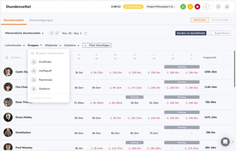 Timesheet group filters